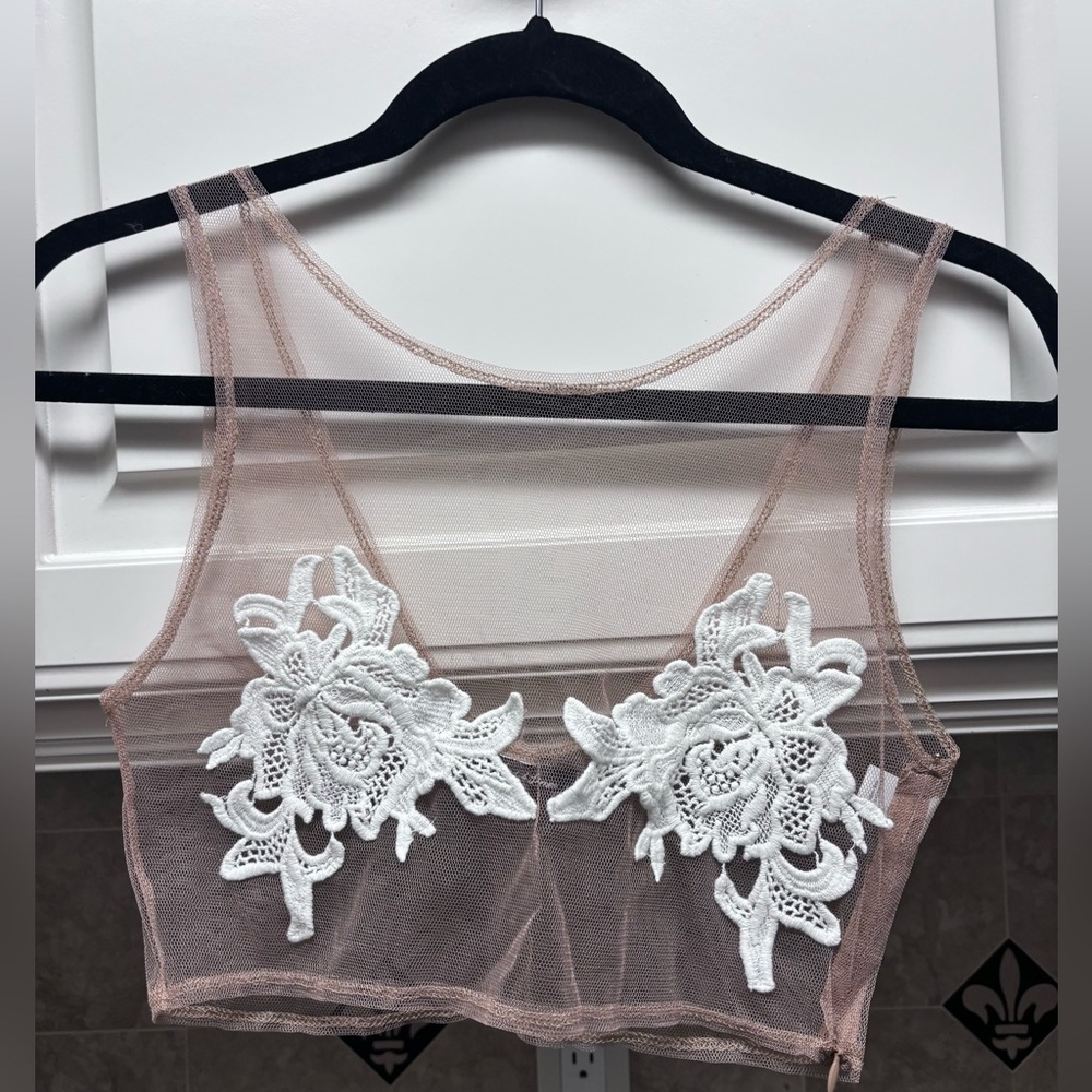 For Love And Lemons Mesh Top with White Embroidery
